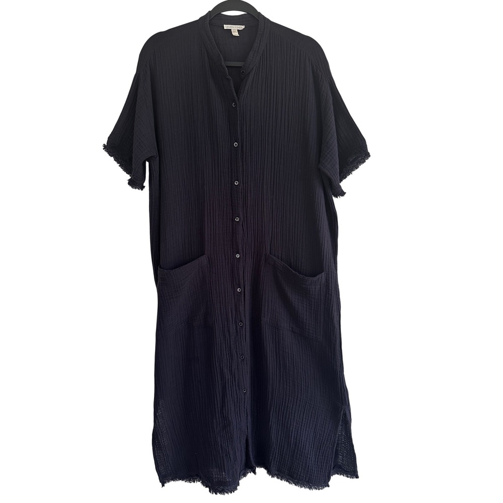 Eileen Fisher Black Organic Cotton Crinkle Gauze Button Front Midi Dress S/P